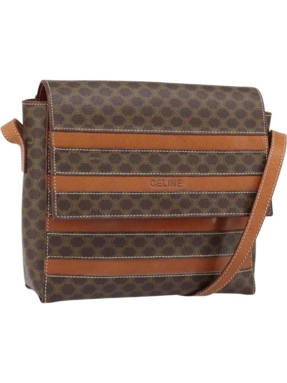 CELINE Macadam Canvas Shoulder Bag PVC Leather Brown Gold